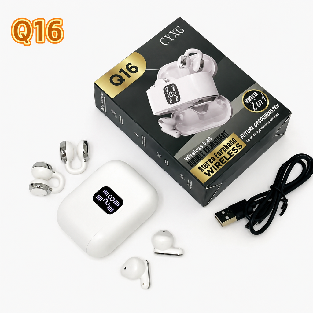TWS Q16 – Écouteurs Sans Fil 2 en 1 avec Affichage Batterie