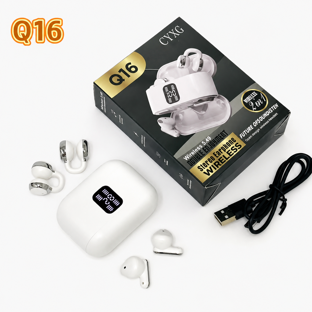 TWS Q16 – Écouteurs Sans Fil 2 en 1 avec Affichage Batterie